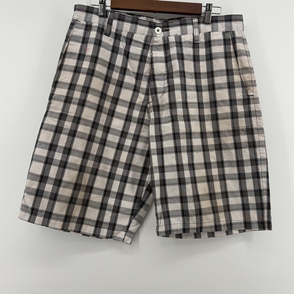 Burnside Chino Shorts Mens Black White Plaid Flat Front Slash Pocket Outdoor 34